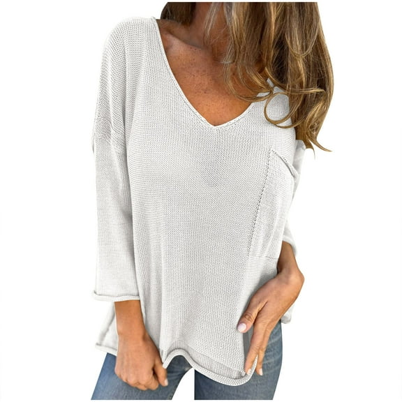 Sweatshirts for Women, Plus Size Tops for Women Fall Long Sleeve V Neck Shirts Pocket Casual Solid Shirts Oversized Knit Tunic Clothes