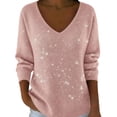 thumbnail image 1 of Sweatshirts for Women Sequin Print Long Sleeve V Neck Drop Shoulder Lightweight Pullover Tops Pink, 1 of 5