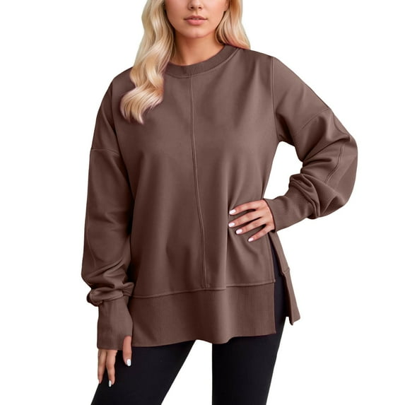 Sweatshirts for Women Solid Long Sleeve Crew Neck Side Slit Casual Lightweight Pullover Tops Brown