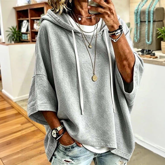 Sweatshirts for Women Trendy 3/4 Sleeve Hoodies Lightweight Pullover Baggy Tops Solid Color Spring Fall Outfits Gray S