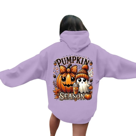Sweatshirts for Women Trendy Halloween Hoodie with Pumpkin Ghost Funny Print Oversized Long Sleeve Top Fall Tops,Light Purple,S