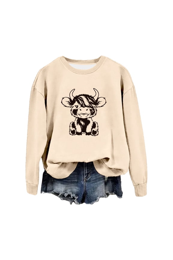 Sweatshirts for Women Trendy Plus Size Cow Print Drop Sleeve Hoodless Pullover Crew Neck Skin Friendly Comfort Womens Oversized Sweatshirts