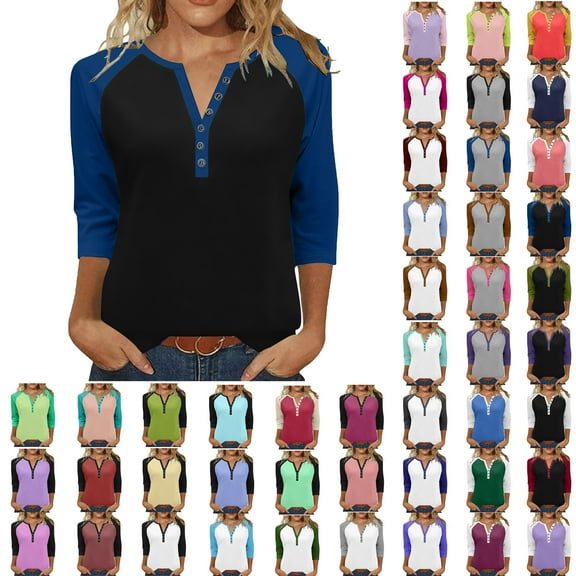 Sweatshirts for Women V-Neck 3/4 Sleeve Button-up Plus Size Shirts Women's Winter Casual Loose Pullover Blouse Tops Blue#06 XL