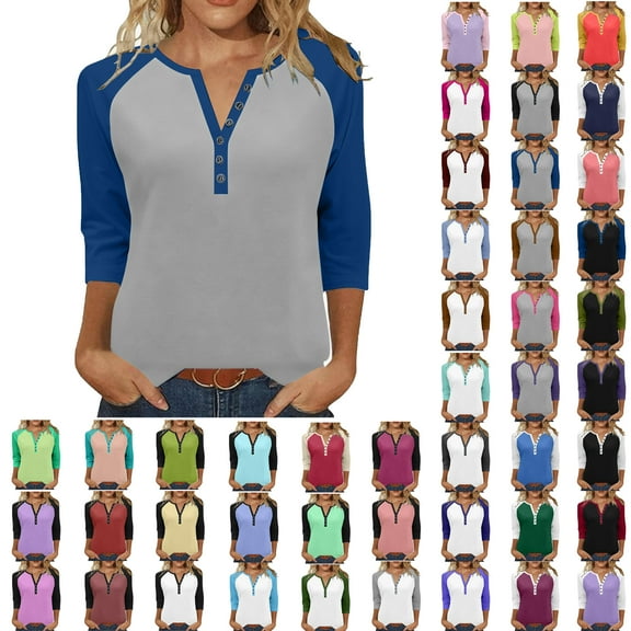 Sweatshirts for Women V-Neck 3/4 Sleeve Button-up Plus Size Shirts Women's Winter Casual Loose Pullover Blouse Tops Blue#07 XL