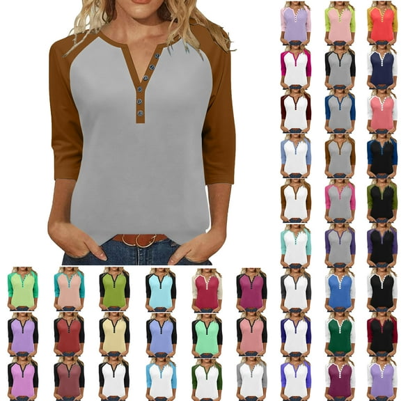 Sweatshirts for Women V-Neck 3/4 Sleeve Button-up Plus Size Shirts Women's Winter Casual Loose Pullover Blouse Tops Brown XL