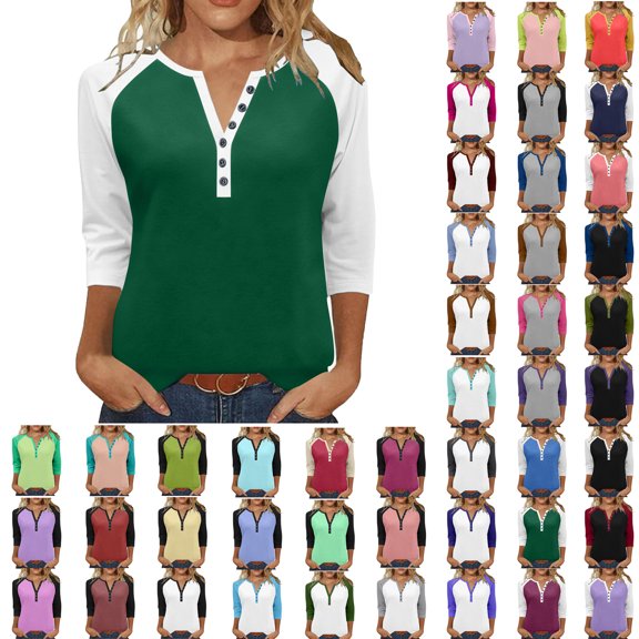 Sweatshirts for Women V-Neck 3/4 Sleeve Button-up Plus Size Shirts Women's Winter Casual Loose Pullover Blouse Tops Green#06 S