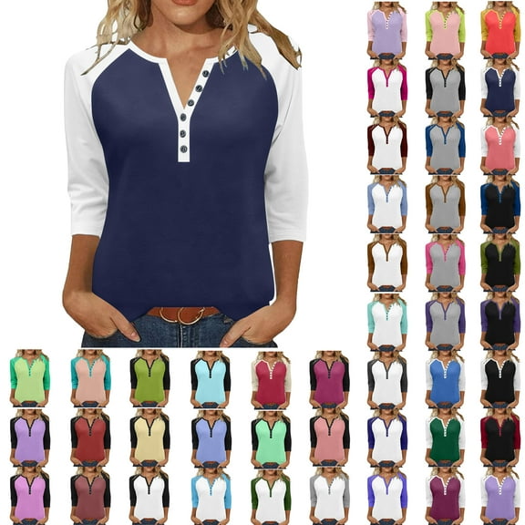 Sweatshirts for Women V-Neck 3/4 Sleeve Button-up Plus Size Shirts Women's Winter Casual Loose Pullover Blouse Tops Navy S