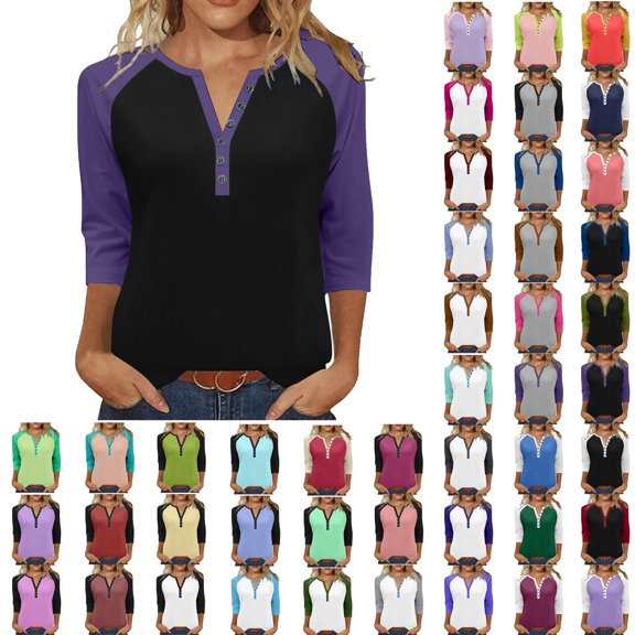 Sweatshirts for Women V-Neck 3/4 Sleeve Button-up Plus Size Shirts Women's Winter Casual Loose Pullover Blouse Tops Purple#04 S