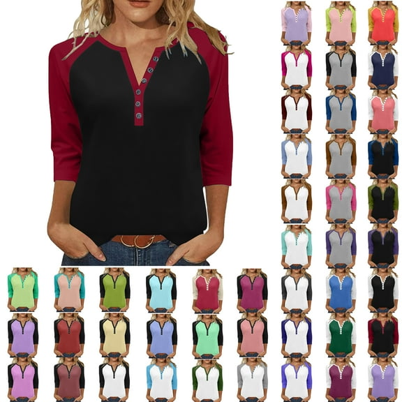 Sweatshirts for Women V-Neck 3/4 Sleeve Button-up Plus Size Shirts Women's Winter Casual Loose Pullover Blouse Tops Red#03 S