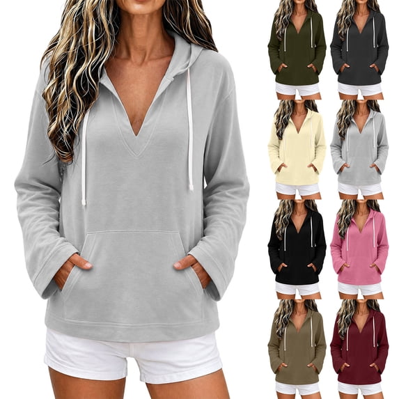 Sweatshirts for Women V Neck Long Sleeve Hoodies Womens Casual Loose Sweatshirts with Pockets