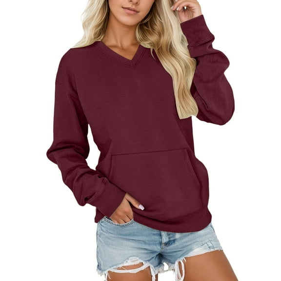 Sweatshirts for Women V Neck Loose Fit Long Sleeve Pullover with Pockets Soft Soild Color Stretch Athletic Top