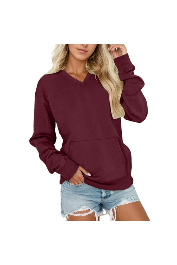 Sweatshirts for Women V Neck Loose Fit Long Sleeve Pullover with Pockets Soft Soild Color Stretch Athletic Top