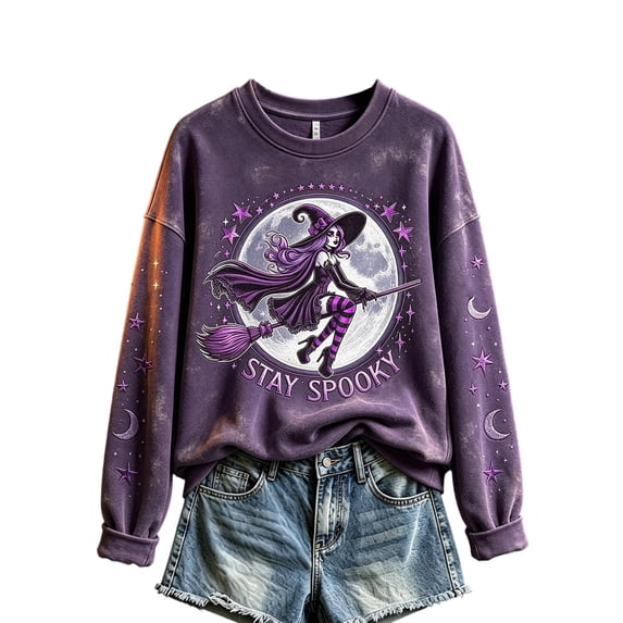Sweatshirts for Women Vintage Washed Witch Theme Printed Crew Neck Long Sleeve Pullover Relaxed Casual Fall Halloween Top Gray XXL