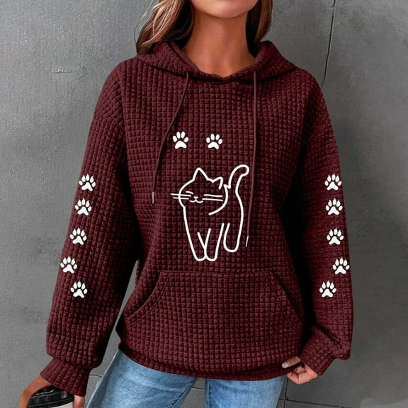 Sweatshirts for Women Waffle Hoodies Cute Cats Print Hood Sweatshirt Fall Winter Long Sleeved Round Neck Pullover Tops Outwears with Pocket