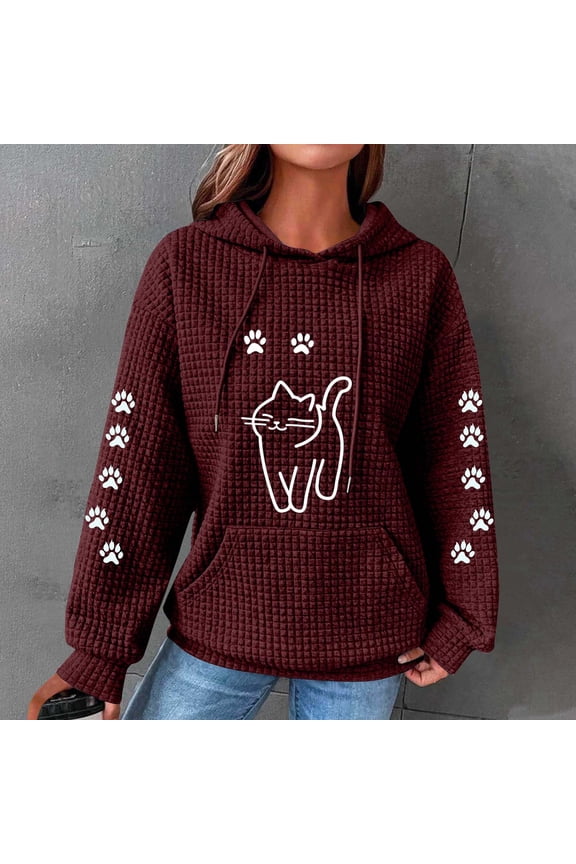Sweatshirts for Women Waffle Hoodies Cute Cats Print Hood Sweatshirt Fall Winter Long Sleeved Round Neck Pullover Tops Outwears with Pocket