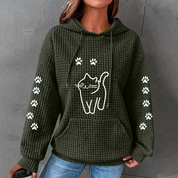 Sweatshirts for Women Waffle Hoodies Cute Cats Print Hood Sweatshirt Fall Winter Long Sleeved Round Neck Pullover Tops Outwears with Pocket