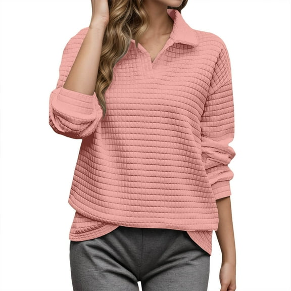 Sweatshirts for Women Waffle Quilted Knit Long Sleeve Solid Lapel V-Neck Pullover Tops Fall Winter Comfy Warm Loose Blouses