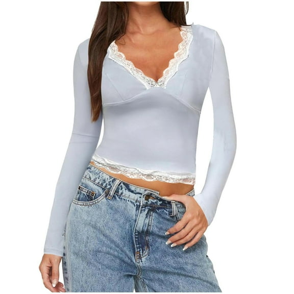 Sweatshirts for Women, Women Sexy Lace V Neck Cropped Shirts Dressy Long Sleeve Basic Tops Casual Slim Going Out Y2K Summer Fall Tshirt
