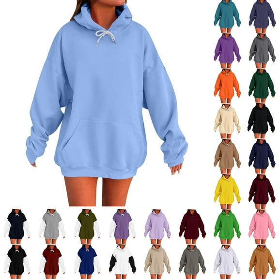 Sweatshirts for Women, Women's Casual Solid Color Round Neck Long Sleeved Top Loose Hooded Sweatshirts, Light Blue S