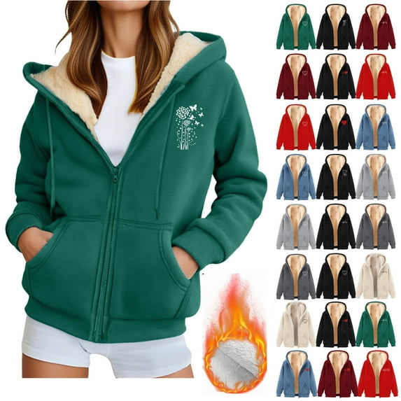 Sweatshirts for Women, Women's Fashionable Printed Fleece Hooded Sweatshirt Jacket, #2Olive Green L