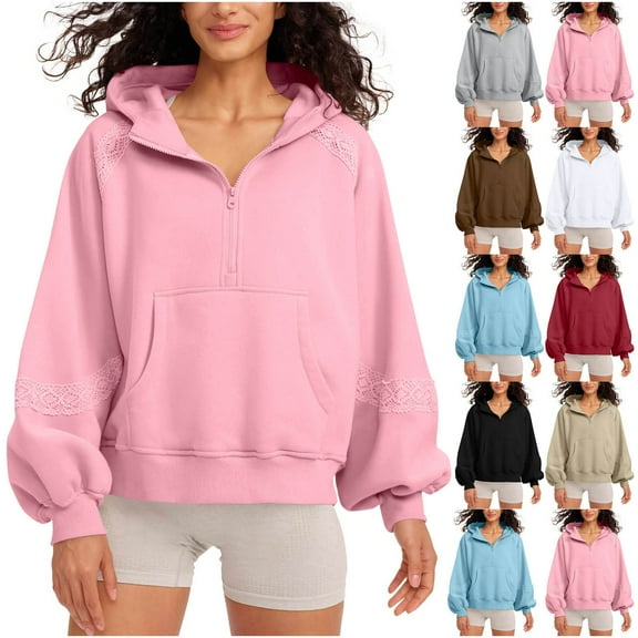 Sweatshirts for Women, Women's Long Sleeve Hooded Half Zipper Solid Color Pocket Lace Stitching Fashion Jacket, Pink S