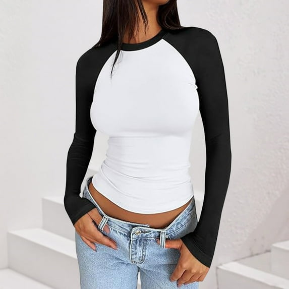 Sweatshirts for Women, Women's Long Sleeve Shirts Slim Fit Stretchy Color Block Slightly Cropped Tops