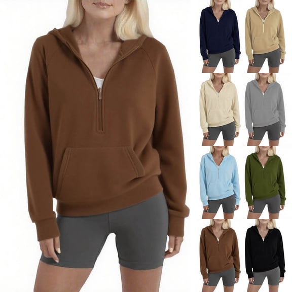 Sweatshirts for Women, Women's Loose Colored Fleece Half-zip Hooded Raglan Long-sleeved Sweater, Coffee S