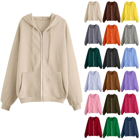 Sweatshirts for Women, Women's Solid Color Pockets Zipper Long Sleeved Regular Top Hooded Sweatshirts Coat Outwear, Khaki S