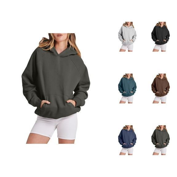Sweatshirts for Women Women's Solid Color Sweatshirt Women Solid Basic Letter Loose Hoodie Sweatshirt Long Sleeve Pocket Drop Shoulder Pullovers Top