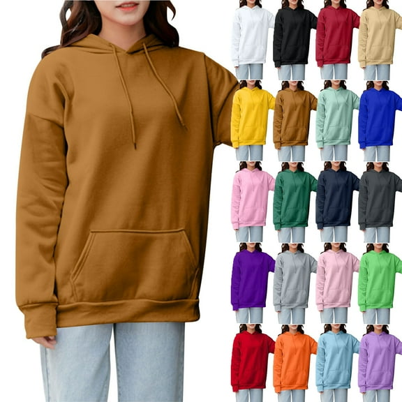 Sweatshirts for Women with Hoodies Long Sleeve Plus Size Solid Color Workout Blouse Tops Casual Loose Outdoor Shirt for Women Brown XL