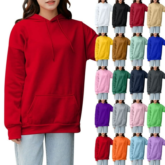 Sweatshirts for Women with Hoodies Long Sleeve Plus Size Solid Color Workout Blouse Tops Casual Loose Outdoor Shirt for Women Red L