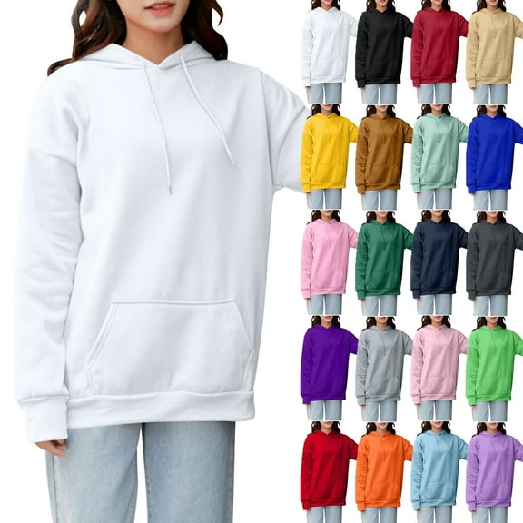 Sweatshirts for Women with Hoodies Long Sleeve Plus Size Solid Color Workout Blouse Tops Casual Loose Outdoor Shirt for Women White M