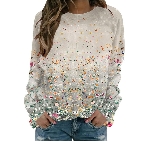 Sweatshirts for Womens Crew Neck Casual Printed Long Sleeve Womens Round Neck Pullover Hoodless Tops