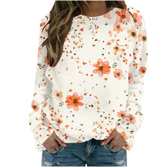 Sweatshirts for Womens Crew Neck Casual Printed Long Sleeve Womens Round Neck Pullover Hoodless Tops