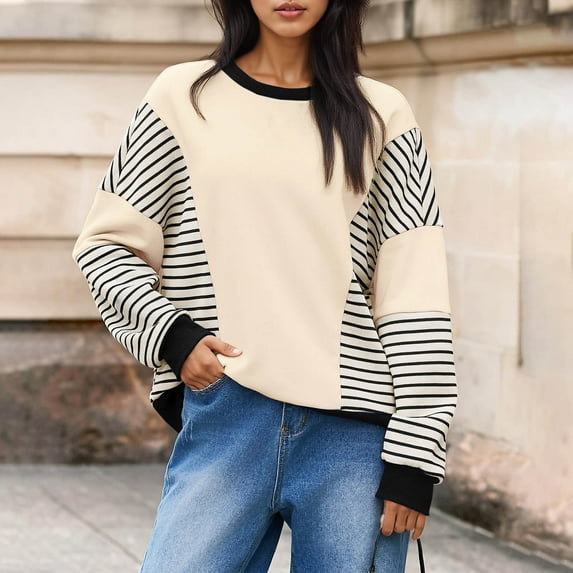 Sweatshirts for Womens Fashion Color Block Stripe Printed Shirts Round Neck Loose Long Sleeve Blouses Fall Capless Sweatshirt Pullover Tops