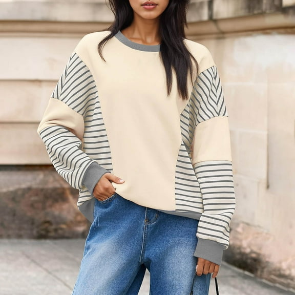 Sweatshirts for Womens Fashion Color Block Stripe Printed Shirts Round Neck Loose Long Sleeve Blouses Fall Capless Sweatshirt Pullover Tops
