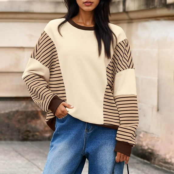 Sweatshirts for Womens Fashion Color Block Stripe Printed Shirts Round Neck Loose Long Sleeve Blouses Fall Capless Sweatshirt Pullover Tops