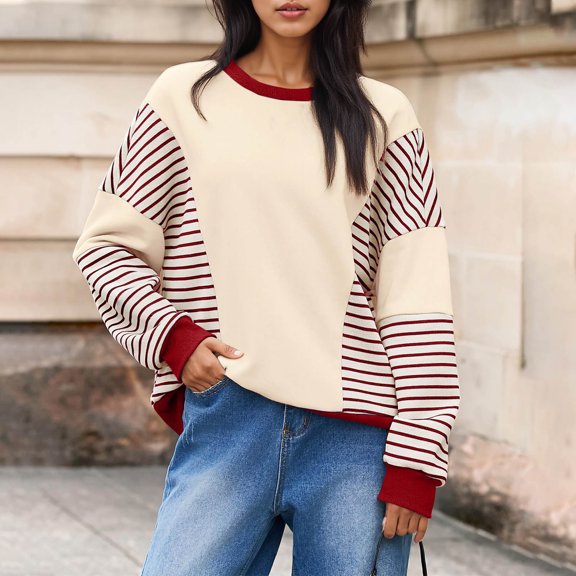 Sweatshirts for Womens Fashion Color Block Stripe Printed Shirts Round Neck Loose Long Sleeve Blouses Fall Capless Sweatshirt Pullover Tops