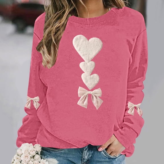 Sweatshirts for Womens Valentine's Love Heart Bow Printed Shirts Long Sleeve Round Neck Blouses Valentine's Day Sweater Pullover Tops Plus Size