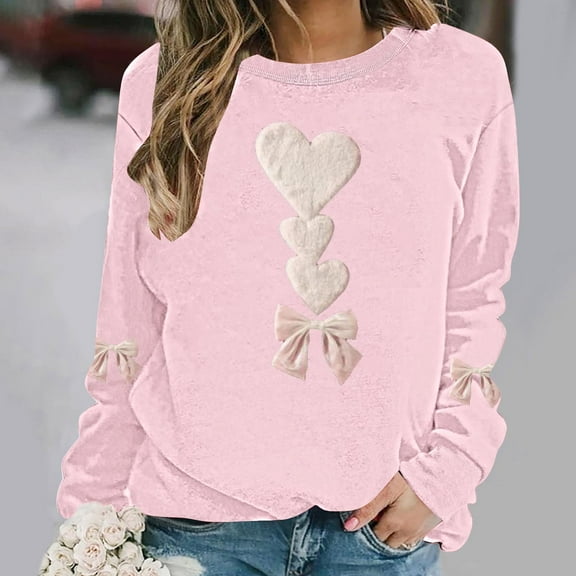 Sweatshirts for Womens Valentine's Love Heart Bow Printed Shirts Long Sleeve Round Neck Blouses Valentine's Day Sweater Pullover Tops Plus Size