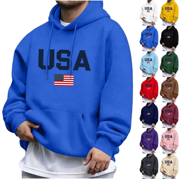 Sweatshirts for Men Pullover Hoodie USA-Flag Printed Drawstring Loose Comfy Long Sleeve Sweater Tops with Pocket (2XL, Blue)