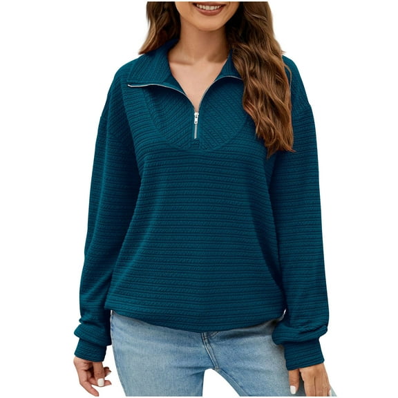 Sweatshirts without Hood,Women V Neck Long Sleeve 1/4 Zipper Turndown Collar Pullover Tshirt Fall Winter Casual Loose Blouses Elegant Fashion Tops Preppy Clothes Cute Teen Girls Outfits S-XXL