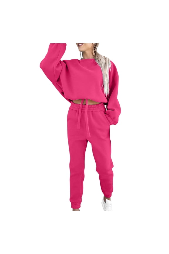 Sweatsuit 2pcs Set for Women Casual Tracksuit Long Sleeve Crop Sweatshirt and Sweatpants 2 Piece Solid Outfits Tracksuits