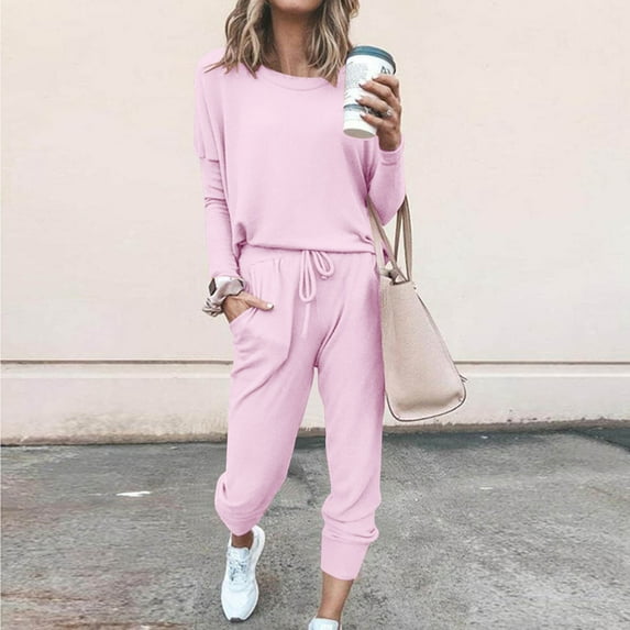 Sweatsuit For Women Two Piece Outfits For Womens Long Sleeve Round-Neck Sweatshirts Pullover And Pant Tracksuit Sport Suit Pink L