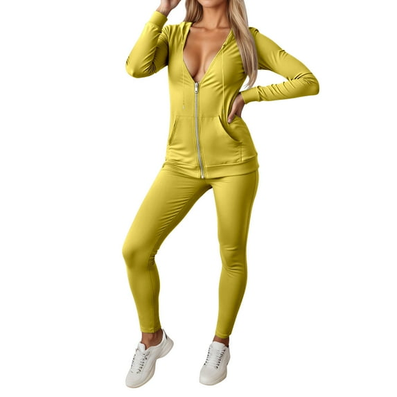 Sweatsuit with Pockets Athletic Sweatsuits Jogging Suits Women 2 Piece Bear Sweatsuit Pullover Top Drawstring Waist Pants Set Long Sleeve Hooded Matching Joggers Sweatpants - Yellow