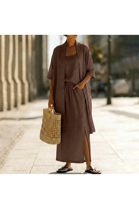 Sweatsuit Set 3 Piece Linen Boho Set Womens Cami Tops Split Maxi Skirt with Half Sleeve Open Front Long Cardigan Outfits for Summer Beach Casual Brown M