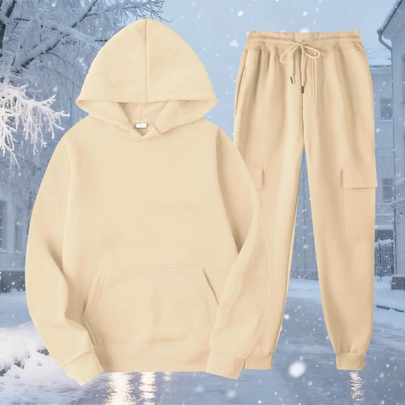 Sweatsuit Set Women Oversized Long Sleeve Hoodie Pullover Sweatshirt Tracksuit Jogger Sweatpants Outfits Beige M