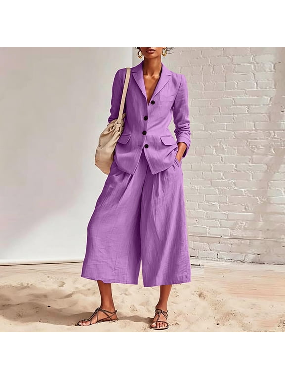 Sweatsuit Set Women's Linen Blazer Suit Button Blazer Jacket and High Waist Capris Wide Leg Culotte Pants, Elegant Casual Office Summer 2 Piece Outfit Purple L