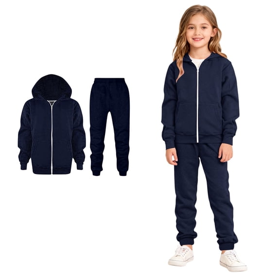 Sweatsuit Set for Girls Full Zip Navy Tracksuit Hoodie Sweatshirt Sweatpants Set Kids Sweatsuits 2 Piece Set 7-8 Years