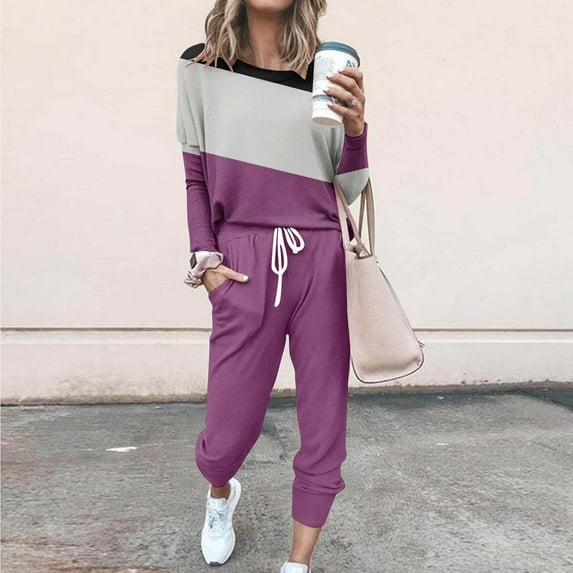 Sweatsuit Set for Women Colorblock Tracksuit Spring Summer Fashion 2 Piece Outfits Loose Casual Crewneck Tops Jogger Sweatpants 2025